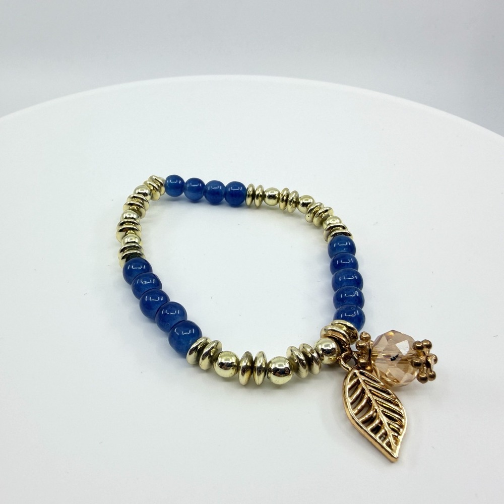 VTG Boho Blue Quartz Gold Tone Beaded Stretch Bracelet Cut Glass Leaf Charm